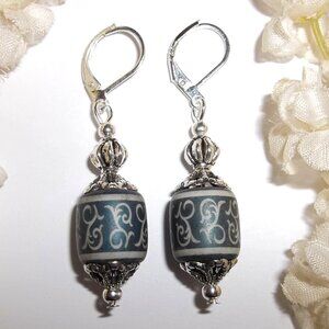 Blue Grey and Silver Glass Earrings Dangle Drop Jewelry Gift Idea for Her C765
